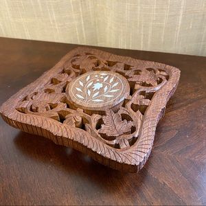 Vintage Carved Wood Bone Pot Holder plant